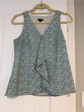 Ann Taylor Teal and White Printed Sleeveless Ruffle V-Neck Top
